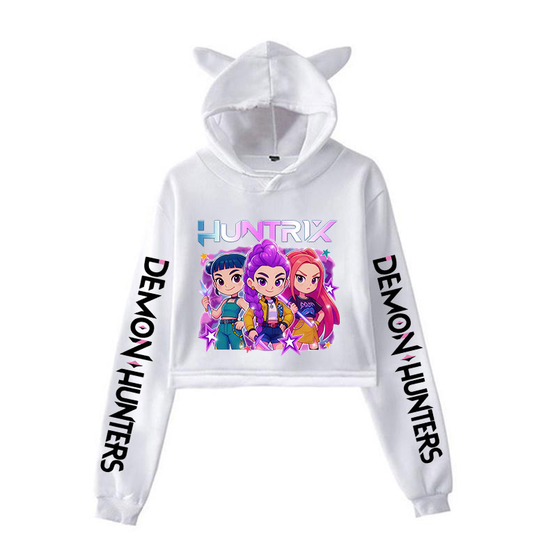 Mira Rumi Zoey Print Cat Ear Hoodie,KPop Demon Hunters Cropped Sweatshirt,Women's Long Sleeve Cartoon Graphic Crop Top