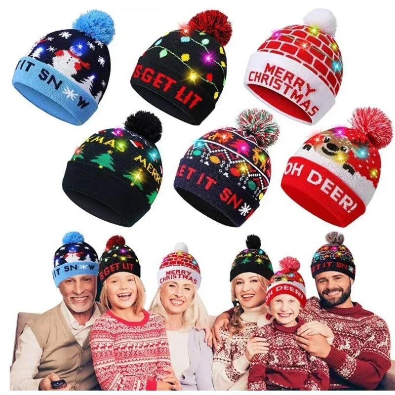 Snowman Knitted Christmas Hat with Colorful LED Lights, Warm Winter Cap for Adults & Kids, Xmas Party Decor and Novelty