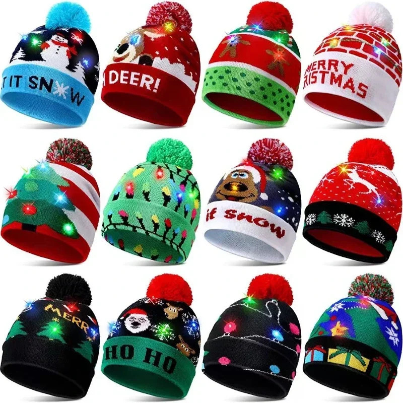 Snowman Knitted Christmas Hat with Colorful LED Lights, Warm Winter Cap for Adults & Kids, Xmas Party Decor and Novelty