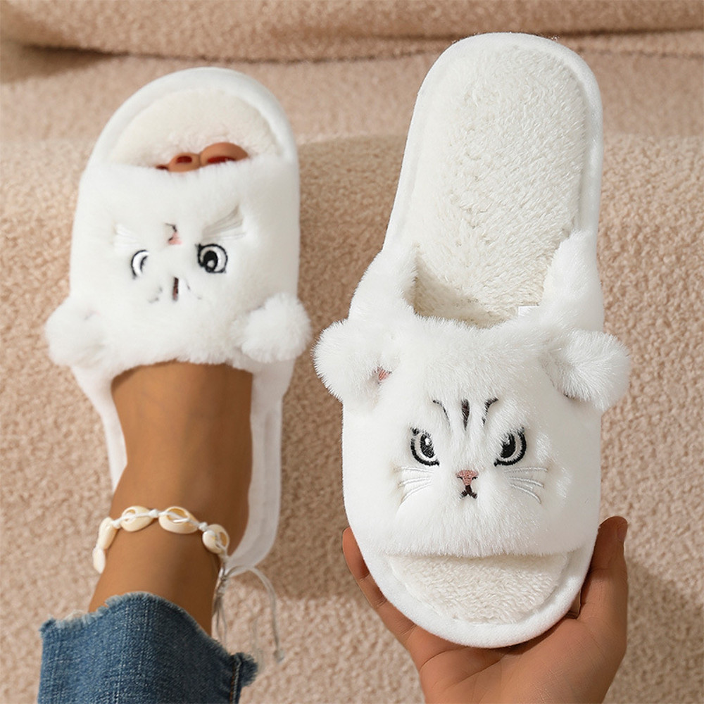 Cute Cartoon Cat Home Slippers for Women, Open Toe Non-Slip Wave Sole Faux Fur Slides for Autumn & Winter