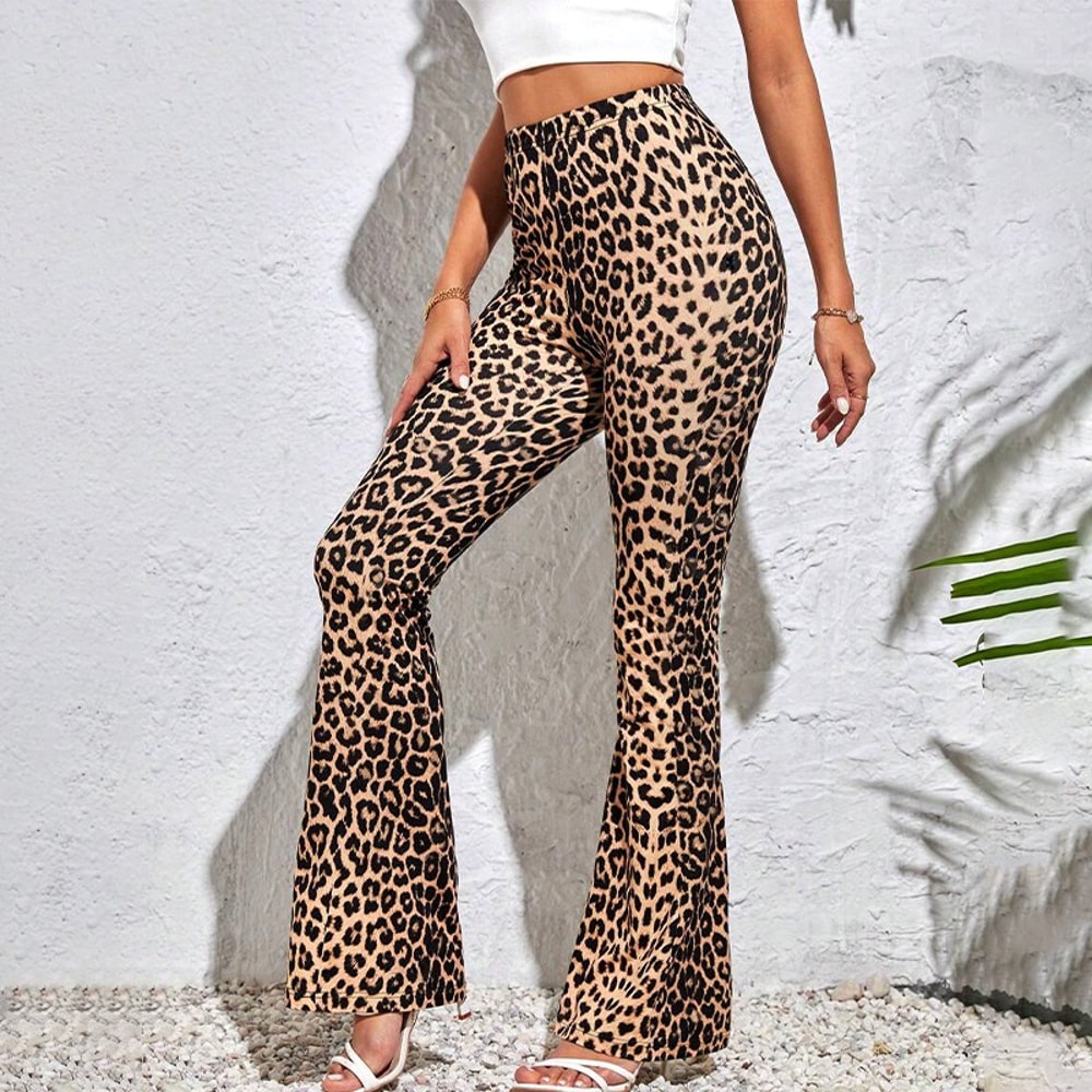 Women's Leopard Print Flared Pants, High Waist Scrunch Butt Leggings, Tummy Control Yoga Pants