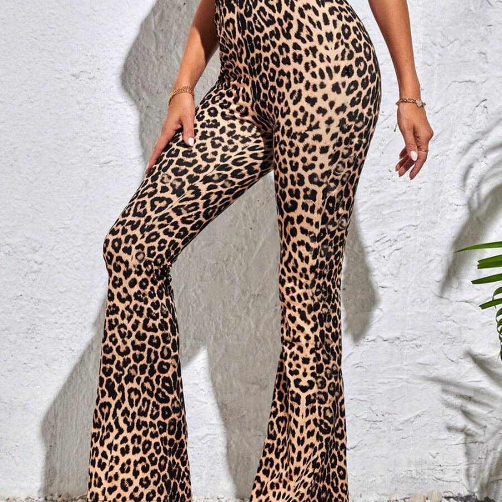 Women's Leopard Print Flared Pants, High Waist Scrunch Butt Leggings, Tummy Control Yoga Pants