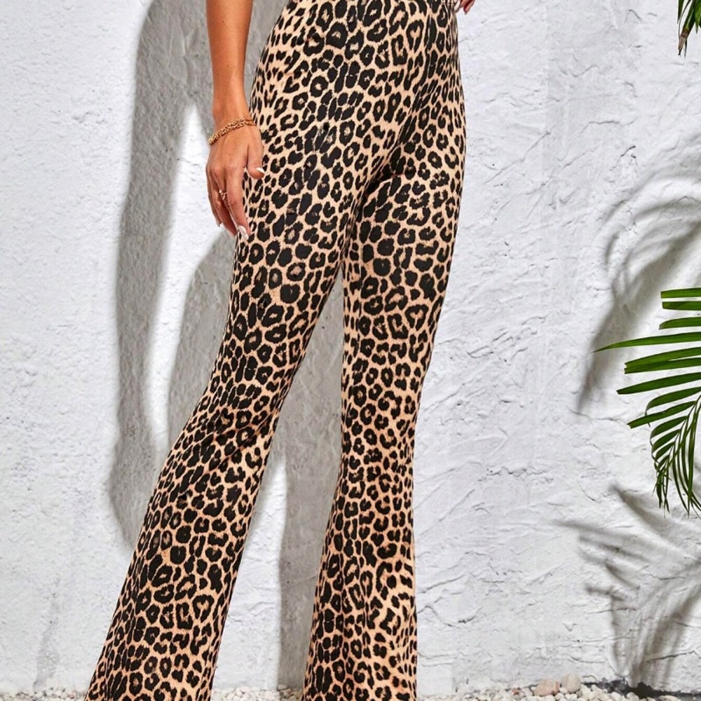 Women's Leopard Print Flared Pants, High Waist Scrunch Butt Leggings, Tummy Control Yoga Pants
