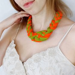 Orange and green Fashion Fabric Necklaces, Braided Necklaces, Chunky Colorful necklace, Statement Necklace
