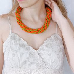Green and orange Fabric Necklaces for Women, Chunky necklace, Statement Necklace, Colorful Necklace, Boho knot Necklace