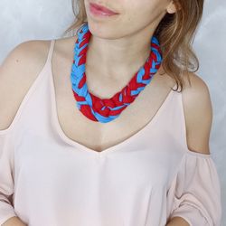 Blue and Red Fabric Necklaces for Women, Braided Necklaces, Chunky Colorful necklace, Statement Necklace