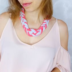 Gray and Coral Red Fabric Necklaces for Women, Braided Necklaces, Chunky Colorful necklace, Statement Necklace