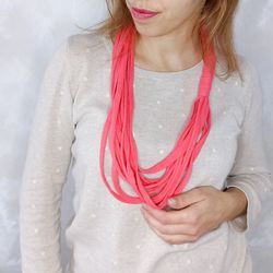 Scarf fabric necklace for women, long red necklace, coral chunky infinity necklace, textile necklace