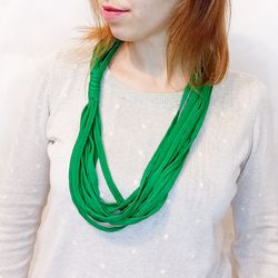 Green scarf fabric necklace for women, long green necklace, boho chunky infinity necklace, textile necklace