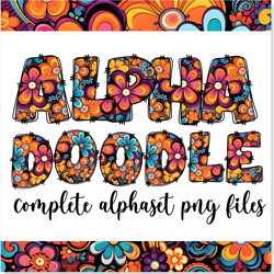 doodle hippie groovy flowers alphabet letters png, doodle flowers alphabet letters png, doodle font png sublimation