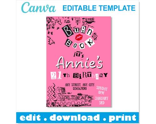 Burn Book Invitation Birthday Editable Canva Template, Burn Book Birthday Party Invitation Canva, Burn Book Cover png