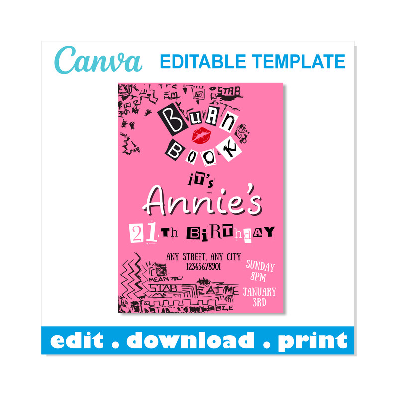 Burn Book Invitation Birthday Editable Canva Template Burn Book Birthday Party Invitation Canva Bur 0