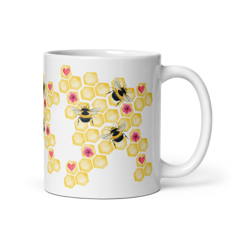 Bee Mug Worker Bee Garden Flower Bee Lover Honeycomb Bees Nature Gardener Gift Tea Coffee Cup Cottage Core Boho Chic Hearts Birthday Gift.jpg
