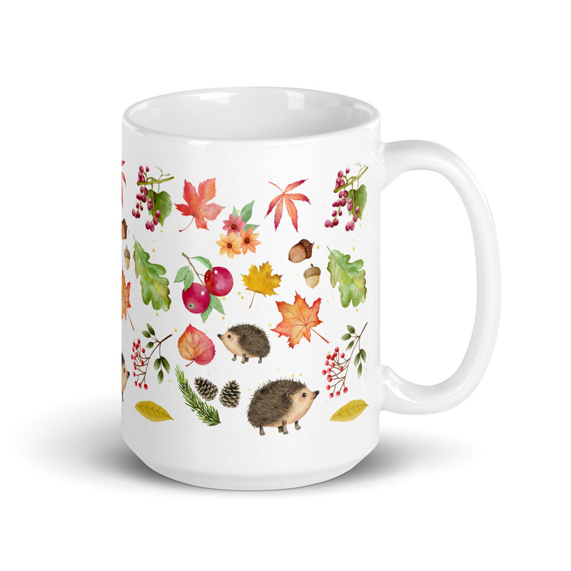 Hedgehog Mug Fall Autumn Leaves Pinecones Berries Flowers Nature Lover Birthday Gift Cottagecore Naturecore Coffee Woodland Tea Country Mug.jpg