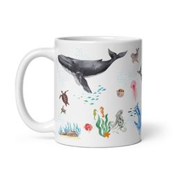 ocean sea life white glossy mug, ocean lover, whales, jelly fish, dolphin, sea bed, cottagecore, tea
