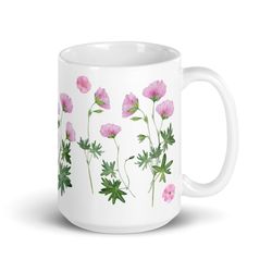 wild geranium mug pressed flowers style, coffee, tea, cottagecore, boho, geranium wildflower, nature