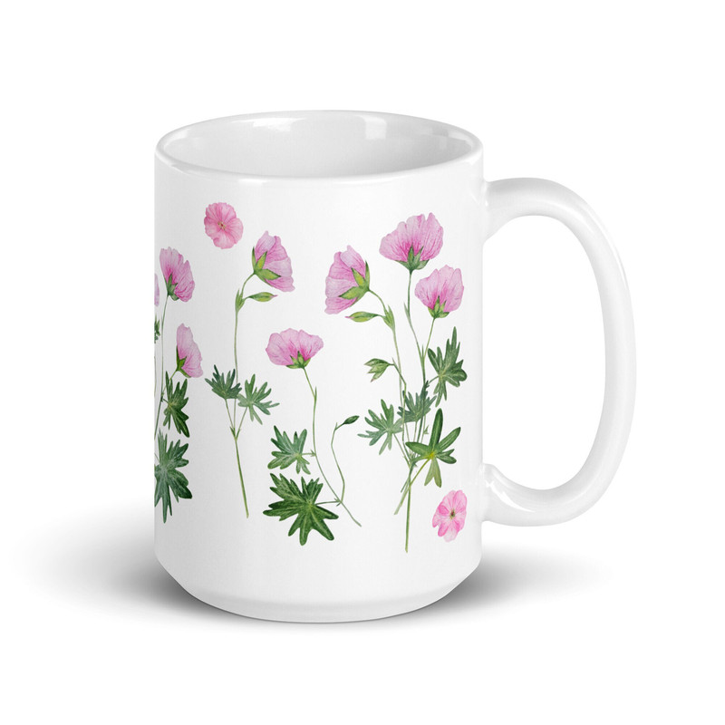 Wild Geranium Mug Pressed Flowers Style, Coffee, Tea, Cottagecore, Boho, Geranium Wildflower, Nature Flower Lover, Herb, Birthday Gift.jpg