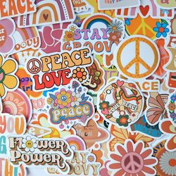 50 PCS Groovy Hippie Sticker Pack, Peace and Love Stickers, Positive Vibes Stickers, Luggage Decals, Boho Stickers