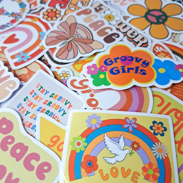 Packing Sticker Groovy 50 PCS Groovy Hippie Sticker Pack, Peace and Love Stickers | Inspire Uplift
