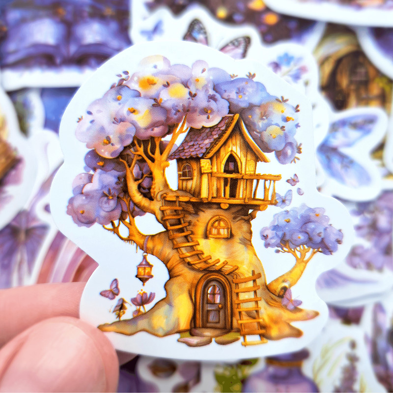 50 PCS Purple Dreamlike Sticker Pack Fairy Tale Butterfly Purple Mushroom Stickers Garden Flower St