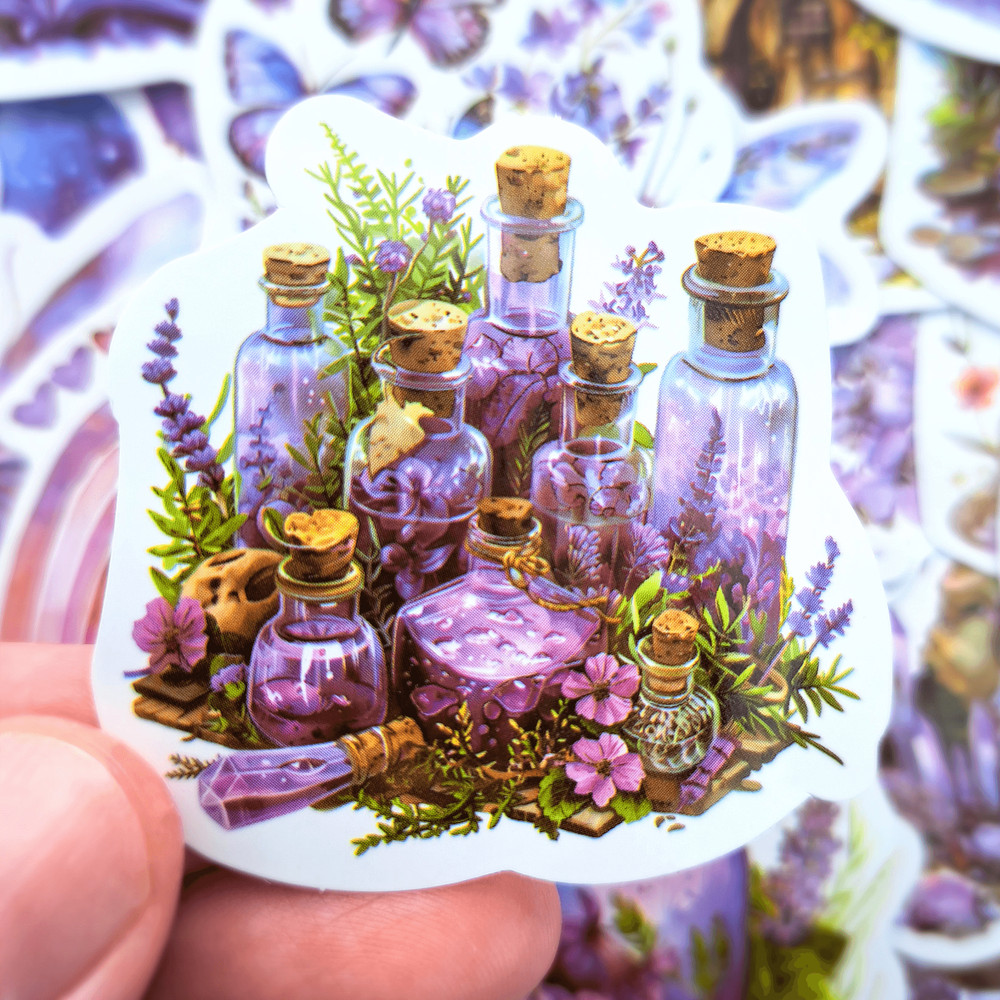 50 PCS Purple Dreamlike Sticker Pack Fairy Tale Butterfly Purple Mushroom Stickers Garden Flower St