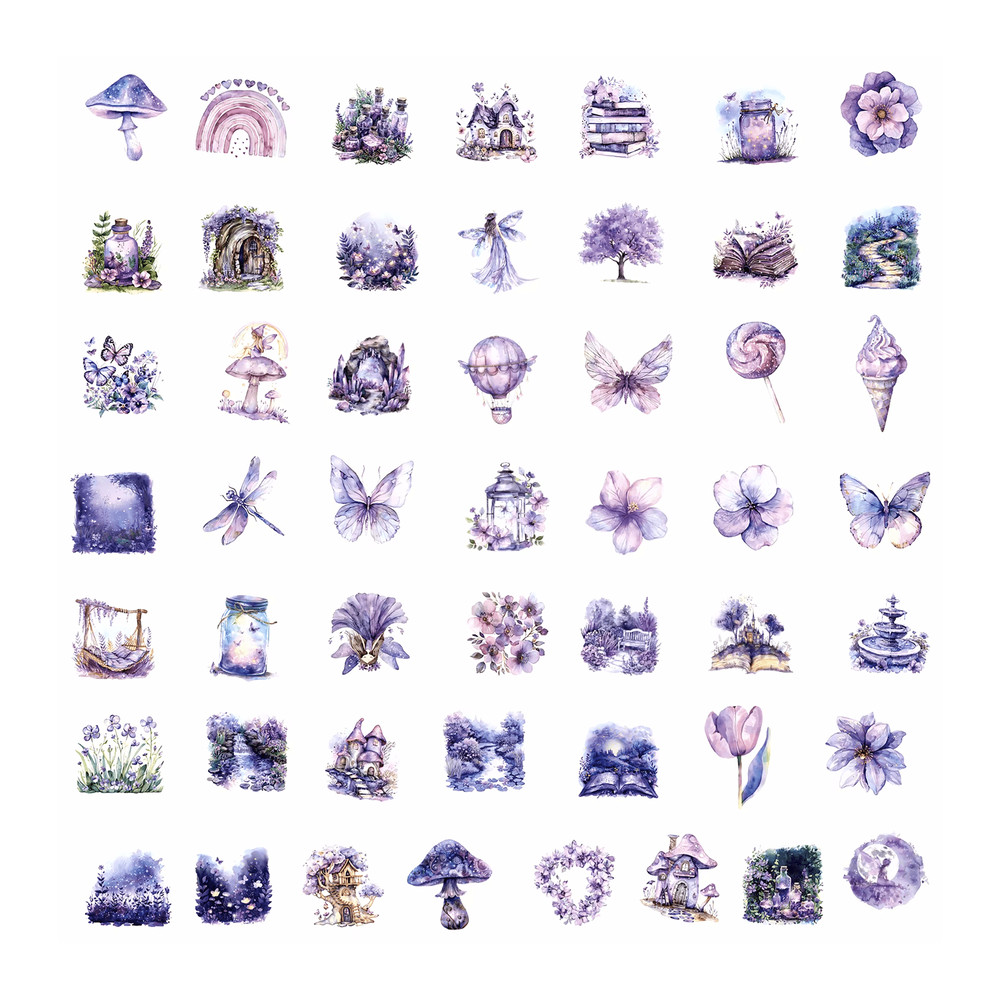 50 PCS Purple Dreamlike Sticker Pack Fairy Tale Butterfly Purple Mushroom Stickers Garden Flower St