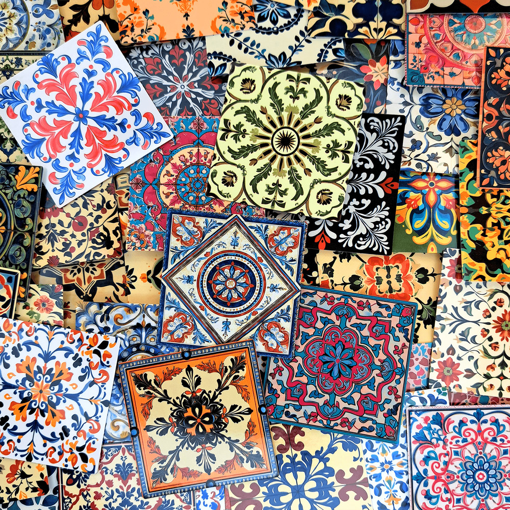 50 PCS Mosaic Tiles Sticker Pack Mexican Tile Stickers Talavera Tile Backsplash Stickers Flowers Ti