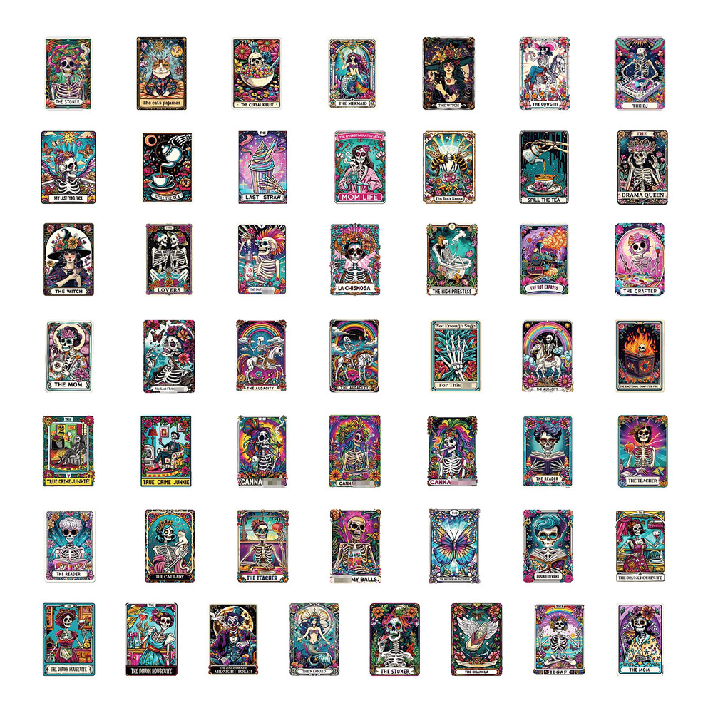50 PCS Skeleton Tarot Cards Sticker Pack Funny Tarot Cards Stickers Sarcastic Skeleton Stickers Wom