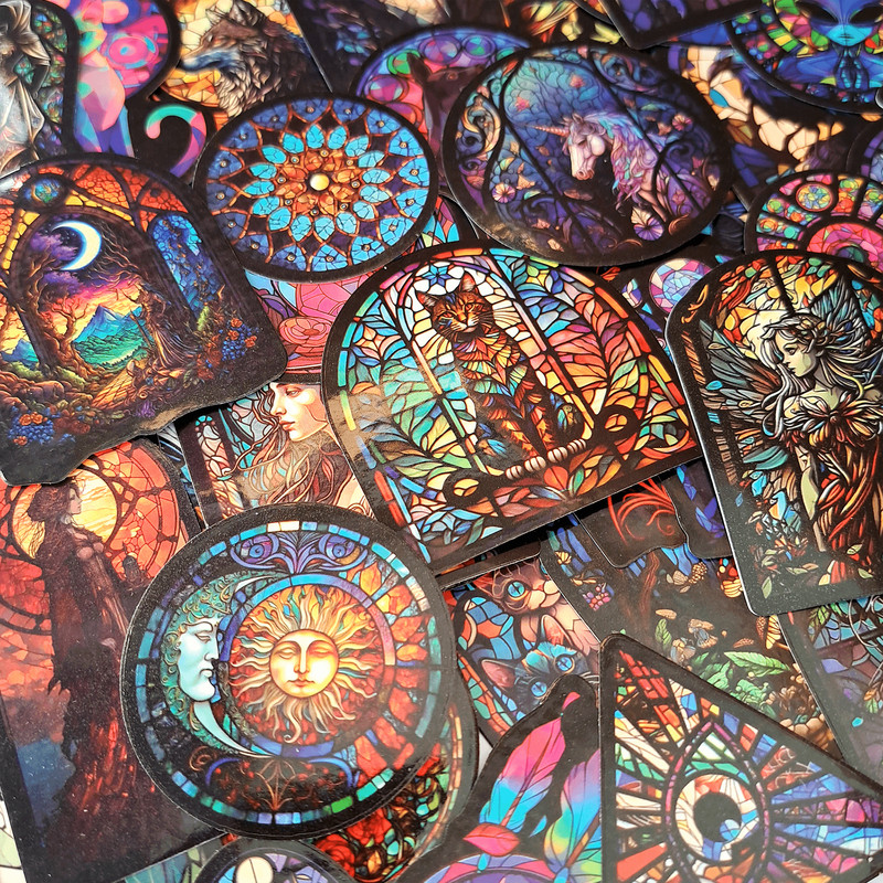 50 PCS Stained Glass Sticker Pack Gothic Glass Mosaic Stickers Kaleidoscope Stickers Colored Staine