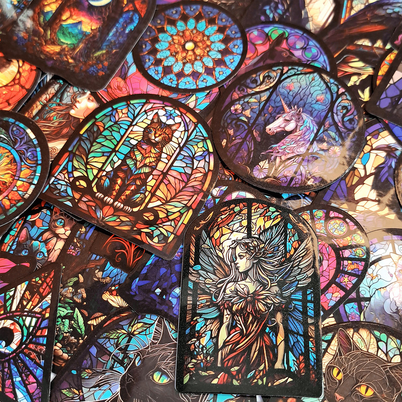 50 PCS Stained Glass Sticker Pack Gothic Glass Mosaic Stickers Kaleidoscope Stickers Colored Staine