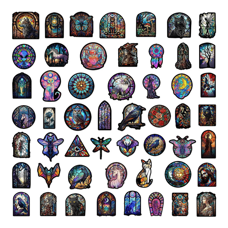 50 PCS Stained Glass Sticker Pack Gothic Glass Mosaic Stickers Kaleidoscope Stickers Colored Staine