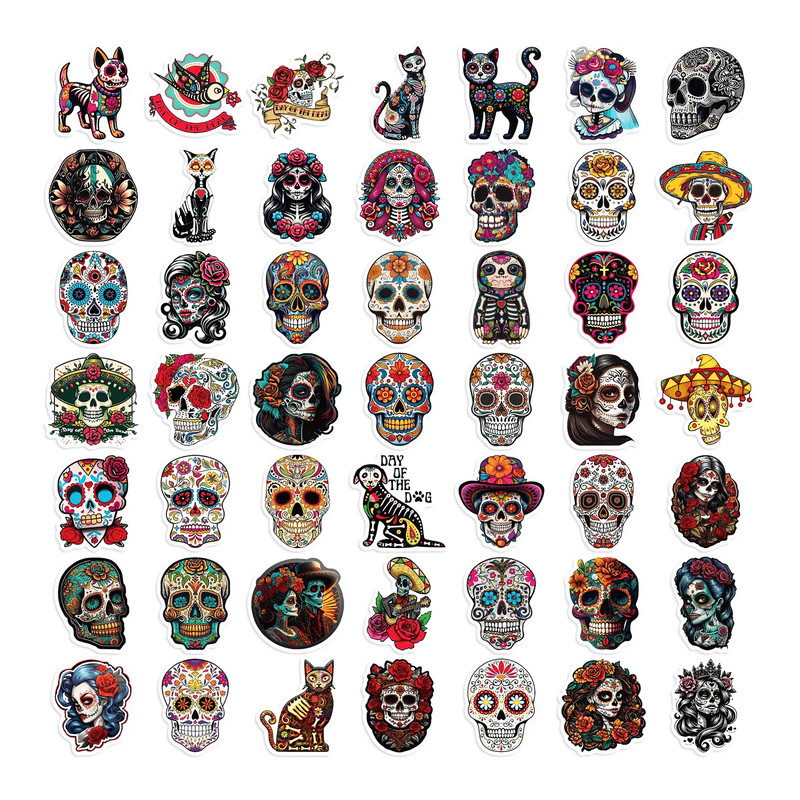 50 PCS Mexican Skeleton Sticker Pack Mexican Skull Stickers Calavera Stickers Catrina Stickers Mexi
