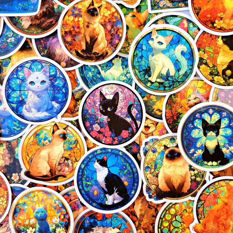50 PCS Vibrant Cats Stained Glass Sticker Pack Kaleidoscope Stickers Colorful Prism Cat Cartoon Gra
