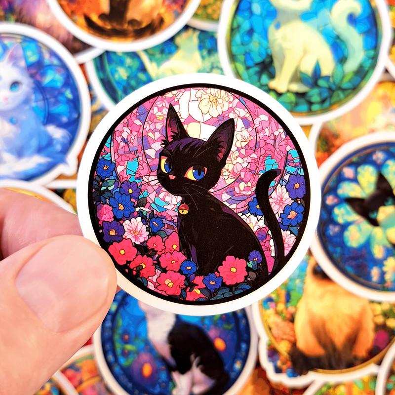 50 PCS Vibrant Cats Stained Glass Sticker Pack Kaleidoscope Stickers Colorful Prism Cat Cartoon Gra