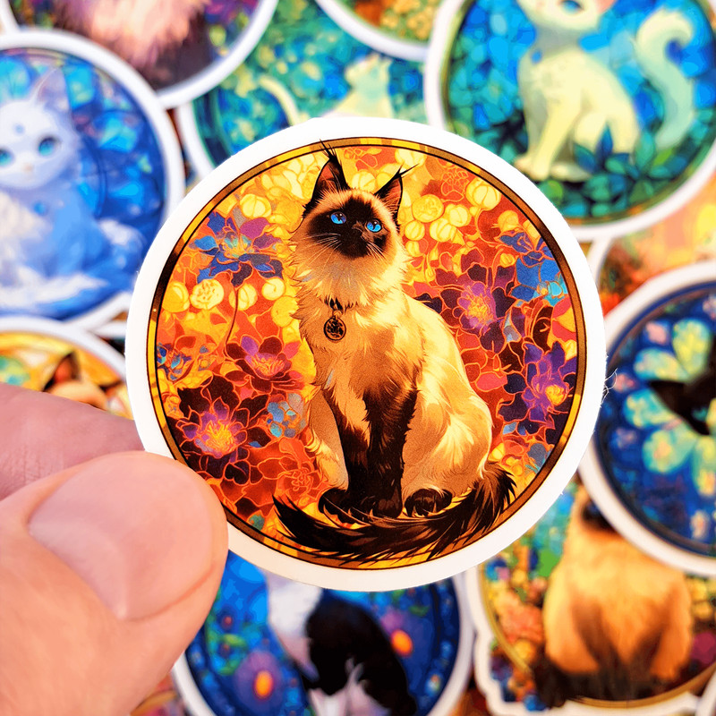 50 PCS Vibrant Cats Stained Glass Sticker Pack Kaleidoscope Stickers Colorful Prism Cat Cartoon Gra