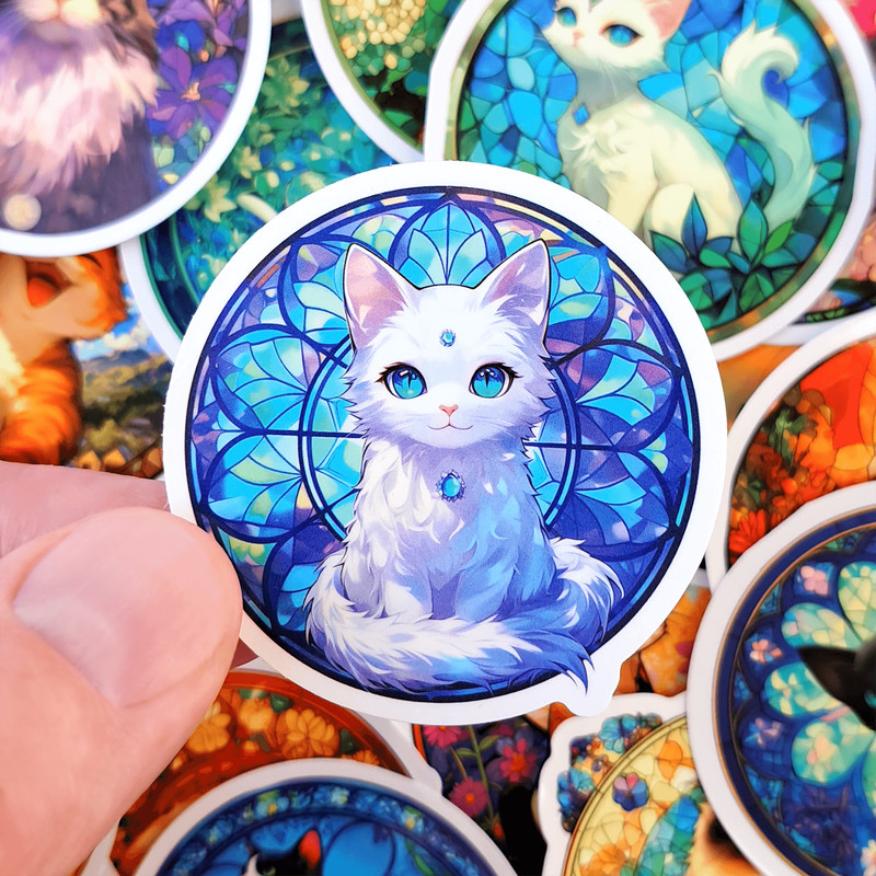 50 PCS Vibrant Cats Stained Glass Sticker Pack Kaleidoscope Stickers Colorful Prism Cat Cartoon Gra