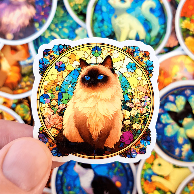 50 PCS Vibrant Cats Stained Glass Sticker Pack Kaleidoscope Stickers Colorful Prism Cat Cartoon Gra