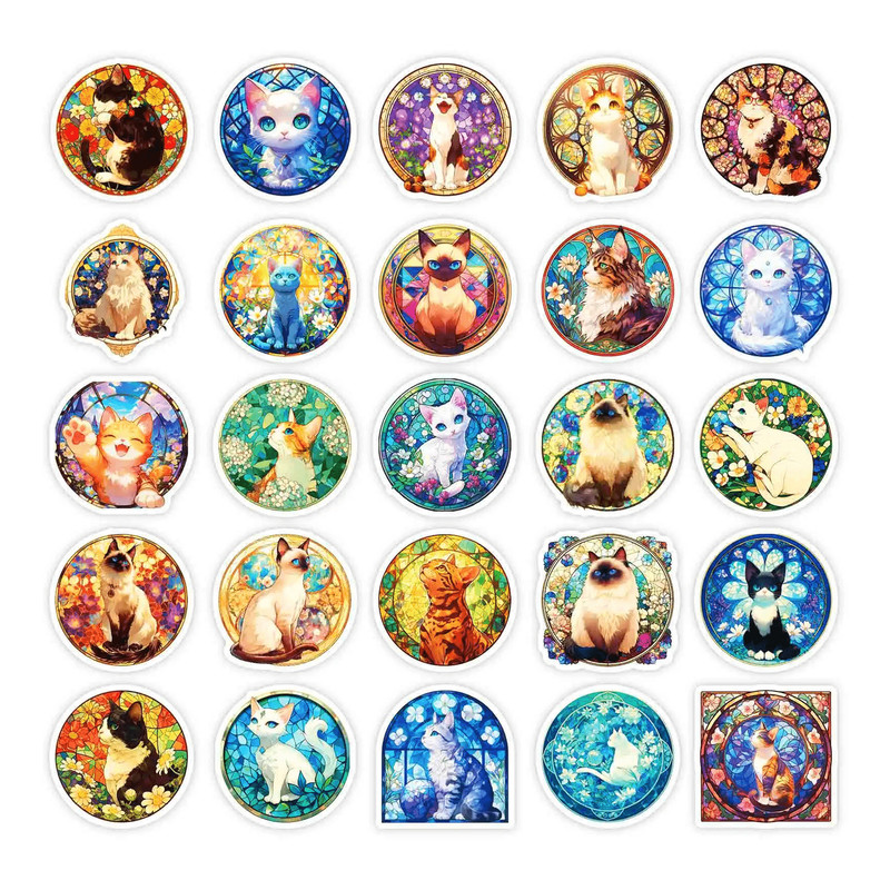 50 PCS Vibrant Cats Stained Glass Sticker Pack Kaleidoscope Stickers Colorful Prism Cat Cartoon Gra