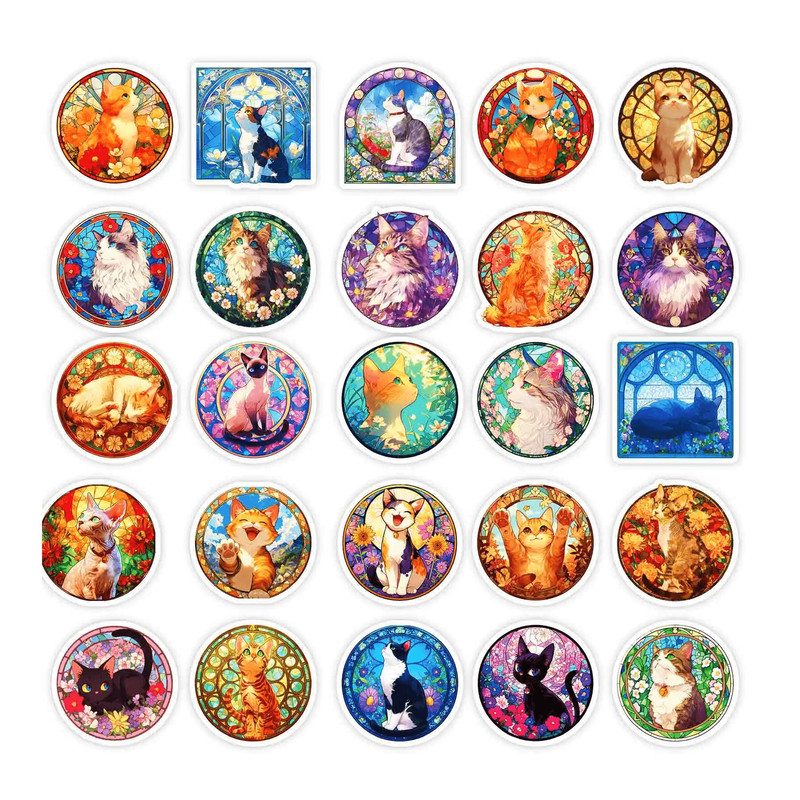 50 PCS Vibrant Cats Stained Glass Sticker Pack Kaleidoscope Stickers Colorful Prism Cat Cartoon Gra