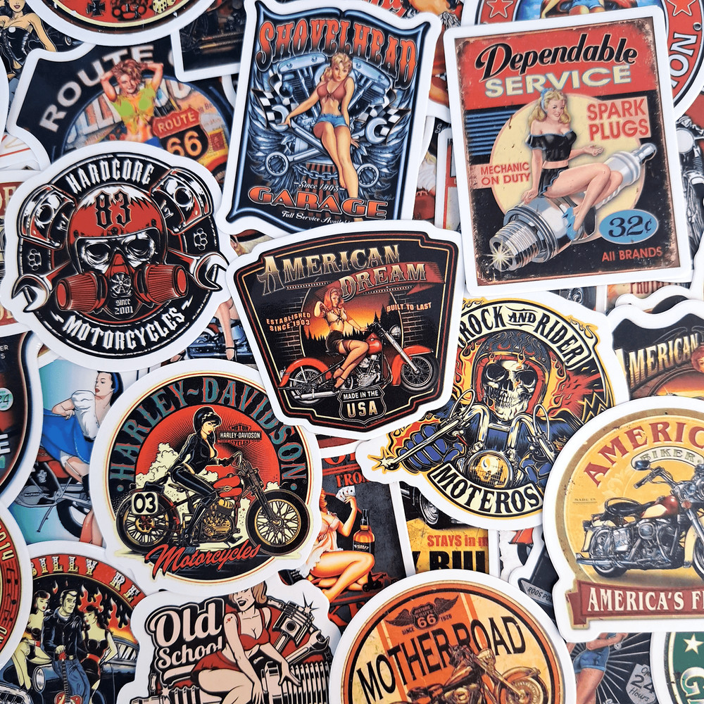 50 PCS Retro Motorcycle Sticker Pack Motorcycle Helmet Stickers Biker Stickers Retro Style Cars Cho