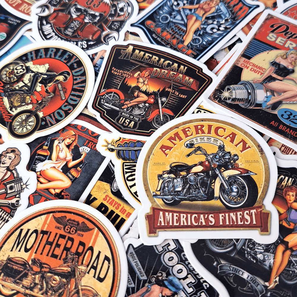50 PCS Retro Motorcycle Sticker Pack Motorcycle Helmet Stickers Biker Stickers Retro Style Cars Cho