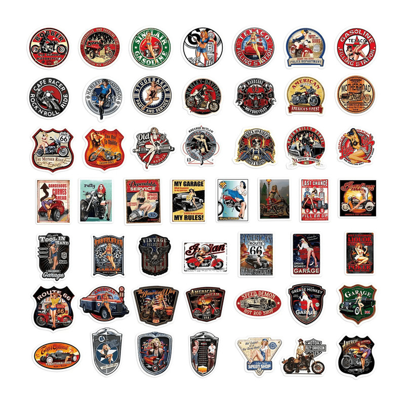 50 PCS Retro Motorcycle Sticker Pack Motorcycle Helmet Stickers Biker Stickers Retro Style Cars Cho