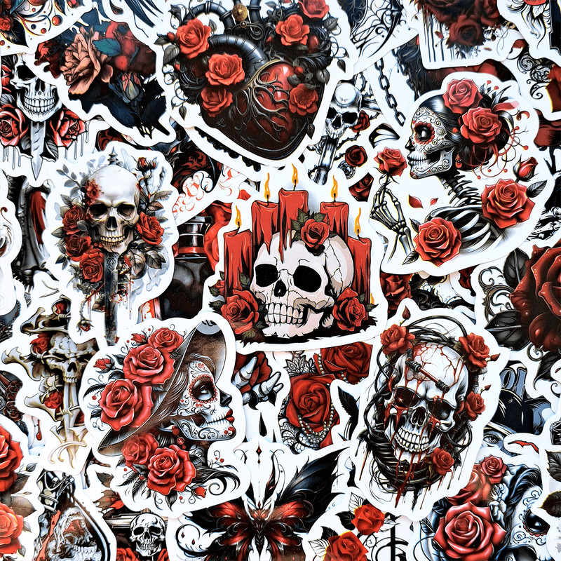 50 PCS Gothic Rose Sticker Pack Red Rose Stickers Gothic Skull Stickers Halloween Dark Rose Sticker