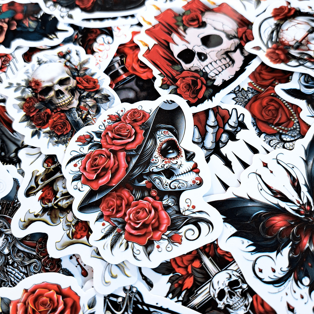 50 PCS Gothic Rose Sticker Pack Red Rose Stickers Gothic Skull Stickers Halloween Dark Rose Sticker
