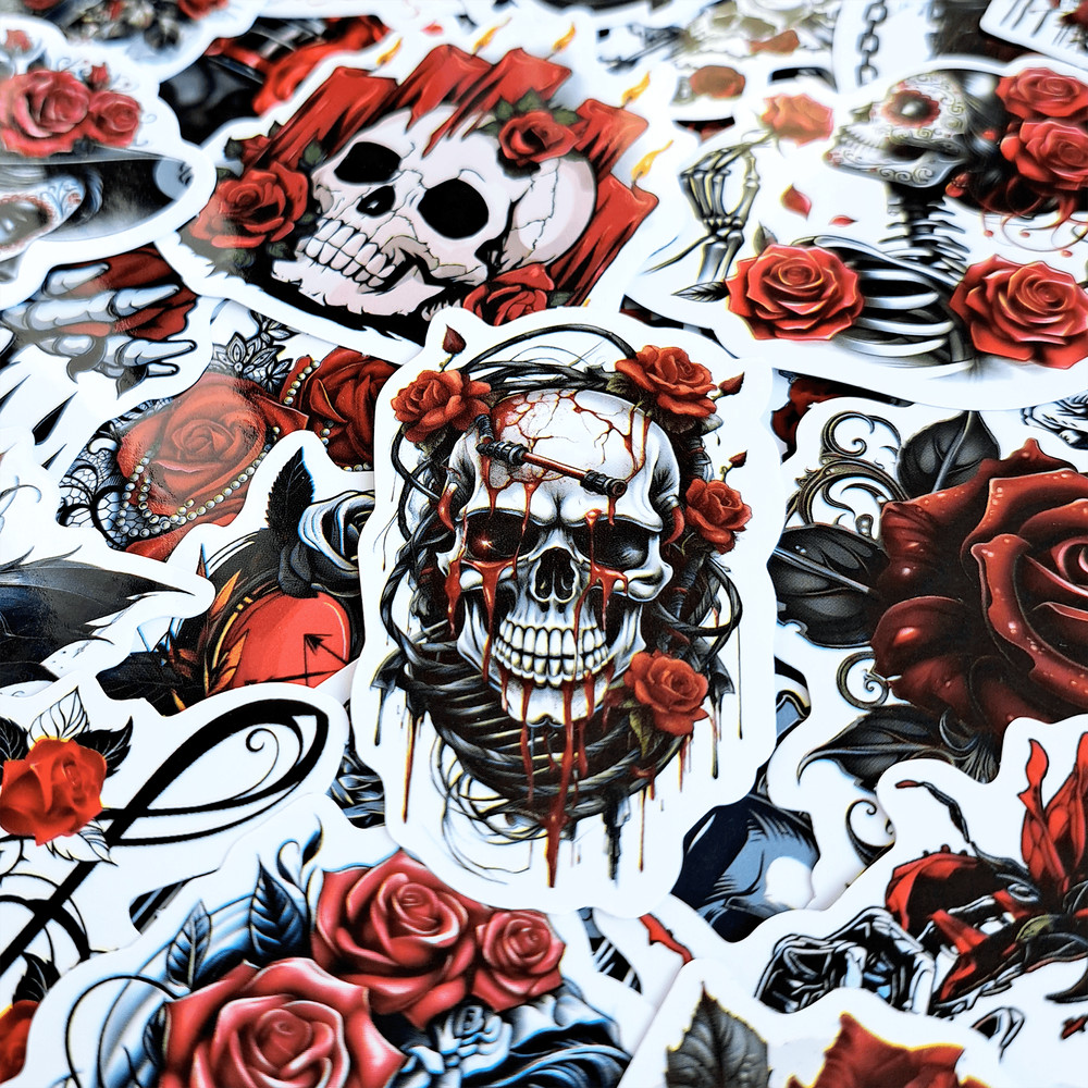 50 PCS Gothic Rose Sticker Pack Red Rose Stickers Gothic Skull Stickers Halloween Dark Rose Sticker
