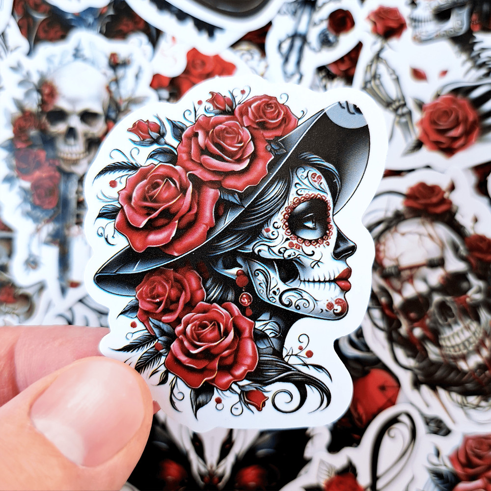50 PCS Gothic Rose Sticker Pack Red Rose Stickers Gothic Skull Stickers Halloween Dark Rose Sticker