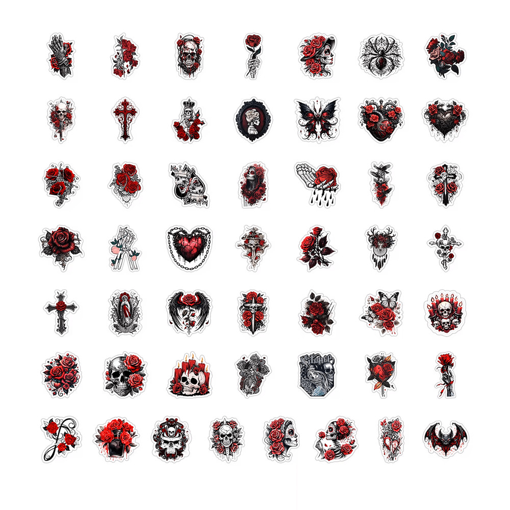 50 PCS Gothic Rose Sticker Pack Red Rose Stickers Gothic Skull Stickers Halloween Dark Rose Sticker