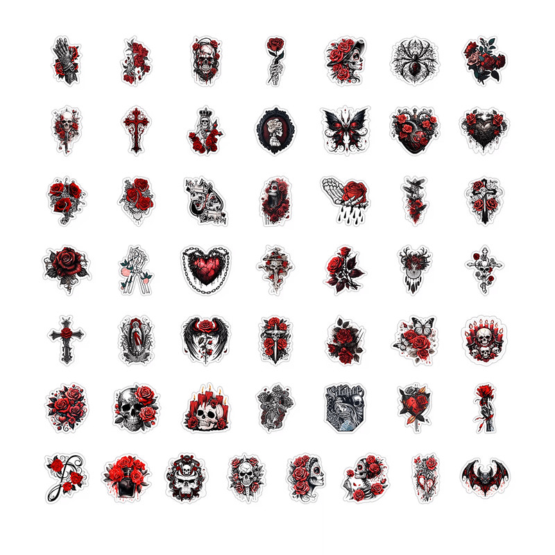 50 PCS Gothic Rose Sticker Pack Red Rose Stickers Gothic Skull Stickers Halloween Dark Rose Sticker