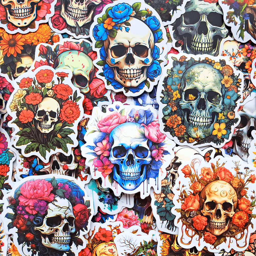 50 PCS Flower Skeleton Sticker Pack Floral Skull Stickers Skeleton Plant Stickers Gothic Flower Sti