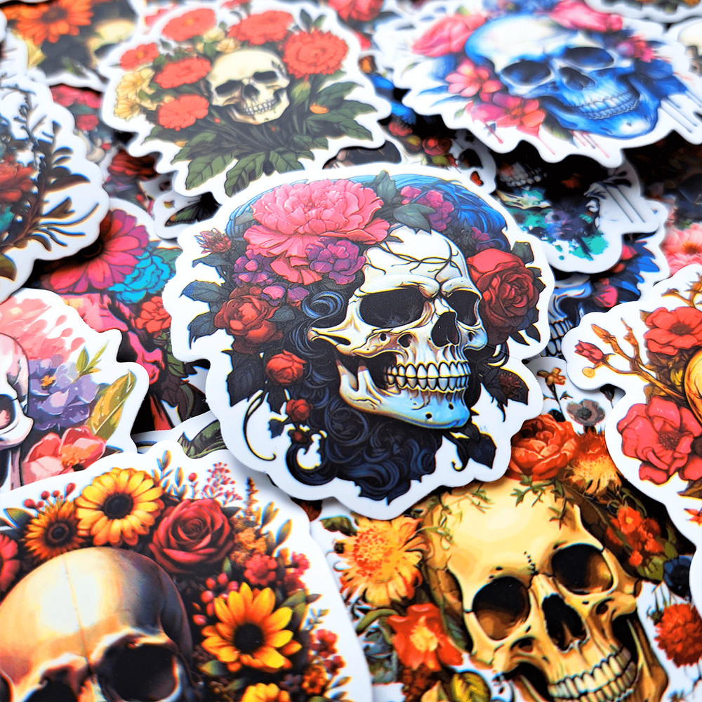 50 PCS Flower Skeleton Sticker Pack Floral Skull Stickers Skeleton Plant Stickers Gothic Flower Sti